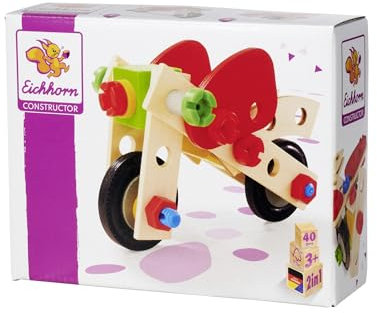 Eichhorn – Constructor motorcykel, 2 olika modellvarianter byggbara, byggbara byggleksaker med 40 delar, mångsidiga träleksaker, 100% FSC-certifierat bokträ, från 3 år