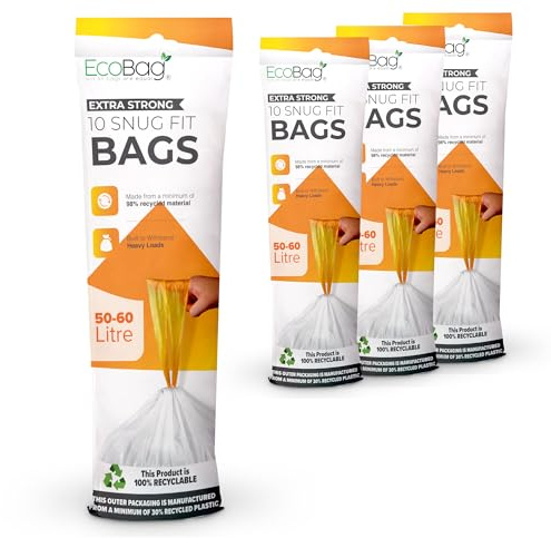 EcoBag - 40 Pack White Kitchen Drawstring Bin Liner - 50-60L - 28 Microns - Heavy Duty, Extra Strong, Brabantia Compatible, Eco-Friendly, Tear Resistant, Clear Recycling Bags (620 x 810mm)