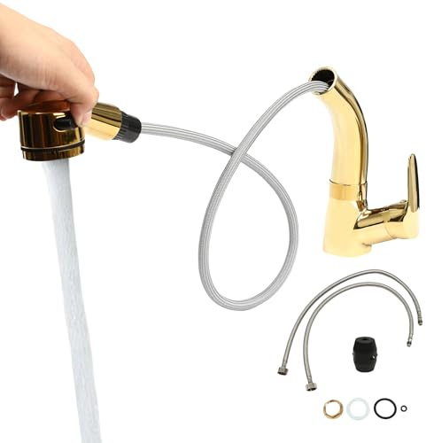 Rubinetto per bagno, rubinetto estraibile, rubinetto per lavabo con doccetta estraibile, 2 tipi di erogazione dell'acqua, miscelatore caldo freddo, per lavabo, rubinetti in ottone, oro