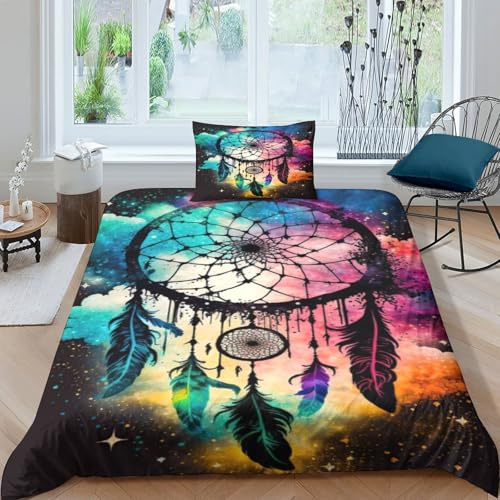 XHSMSHWY Traumfänger Bettbezug Set 3D Gedruckter Exotik Bettwäschegarnitur Mädchen Junge Kinder Und Kissenbezüge Weich Microfaser Reissverschluss Bettwäsche 3 Teilig Single（135x200cm）