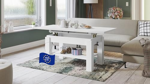 designimpex Astoria Couchtisch ausziehbar höhenverstellbar 110/150cm in Weiß matt modern Ablage Wohnzimmertisch Esstisch Beistelltisch Sofatisch Couch Tisch Living Room Table Wohnzimmer