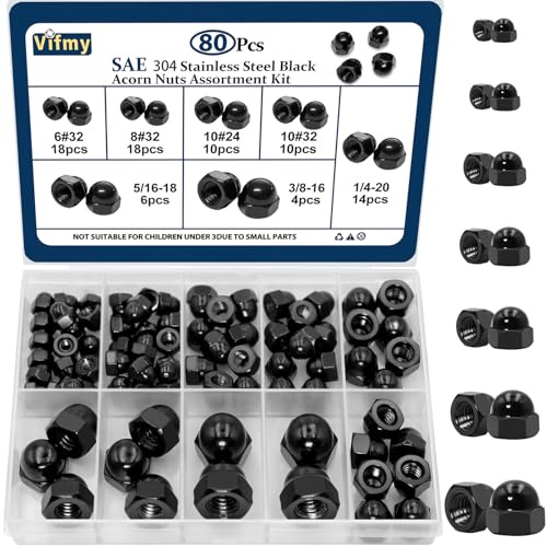 Vifmy SAE Black Stainless Steel Acorn Nuts Assortment Kit (80Pcs), 6#32 8#32 10#24 10#32 1/4-20 5/16-18 3/8-16 UNC Cap Nuts with Dome Head Black Acorn Nut Caps