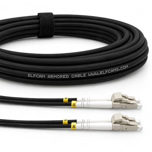 Elfcam® - skyddad fiberoptisk kabel i stål för utomhus- och inomhusbruk, LC/UPC till LC/UPC OM3 multimode duplex 50/125μm, svart (250 m)