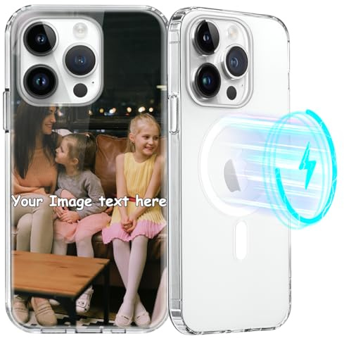 Yoedge Personalisierte Handyhülle für iPhone 16 Pro 6,3, [Kompatibel mit MagSafe] Magnetisch Hülle mit Eigenem Foto Bild Text Schutzhülle Selbst Gestalten, Transparent Weiche Dünn Silikon Case
