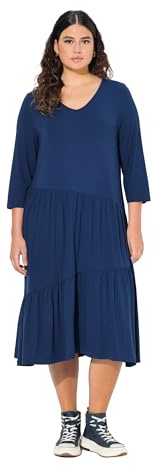 Ulla Popken Abito Midi dal Taglio Svasato con Volant, Scollo a V e Maniche a 3/4 Blu Inchiostro 50+ 836106740-50+