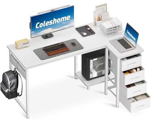 Coleshome Small Corner Desk with Drawers for Home Office, 120x70 cm, White | Reversible L Shaped Computer Desk for Small Spaces, Easy Assembly Design