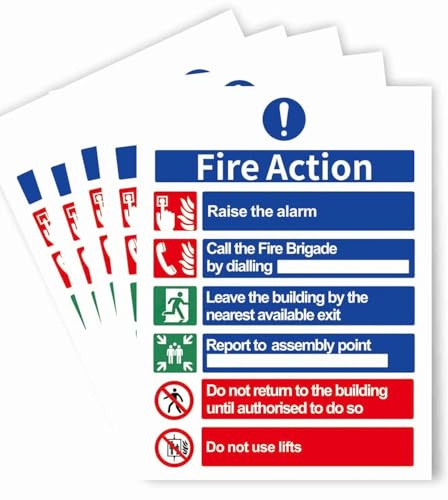 Fire Action Notice Sign - 1mm Rigid Plastic, Pack of 5-200mm x 300mm - Fire Action Sign, Evacuation Procedure, Report to Assembly Point, With Emergency Number, Comprehensive Fire Signage,