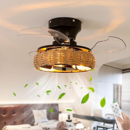 Fachae Cuerda De Cáñamo Ventilador De Techo Con Luz Silencioso Dormitorio Poca Luz Atmósfera Lampara Ventilador Techo Estilo Bohemio Fan Ceiling Light 6 Velocidad Del Viento 50cm 24W