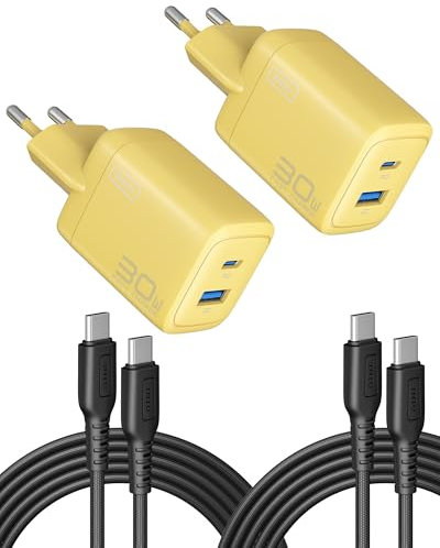 INIU Chargeur USB C, 30W Pack de 2 Adaptateurs secteur et câbles de charge, Chargeur rapide GaN USB C pour iPhone 17 16 Pro Max, Xiaomi, MacBook iPad Air, Samsung S25 S24 Ultra, Pixel 10 Pro, Switch 2