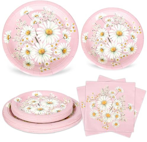 Whaline 80Pcs Spring Theme Paper Tableware Set Pink Daisy Flower Disposable Dinnerware 40Pcs Plates 40Pcs Napkins for Wedding Birthday Baby Shower Party Supplies Table Decor