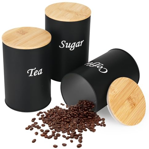 smtfcty Lot de 3 boîtes de rangement en métal avec couvercle hermétique pour thé, café, sucre - 1 000 ml (noir + bois)