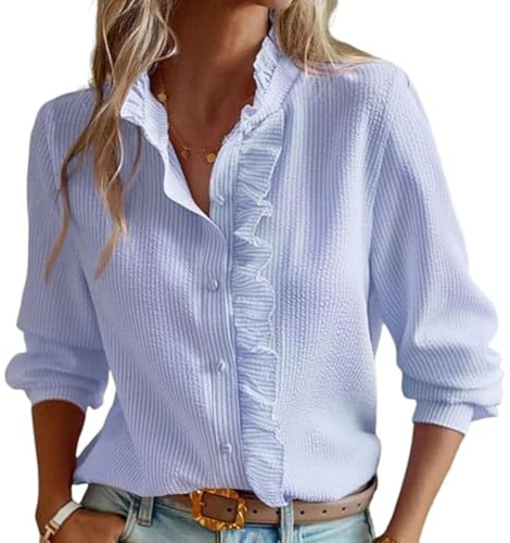 Camicia da donna elegante con volant con bottoni, a maniche lunghe, con colletto alto, per feste, da donna per matrimoni, Blu, M