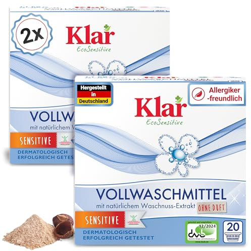 Klar Vollwaschmittel Pulver Sensitive 2x1,1kg - 40 Ladungen - Allergiker Waschpulver ohne Duft - Bio Waschmittel Pulver mit natürlichem Waschnuss Extrakt - VEGAN & Enzymfrei