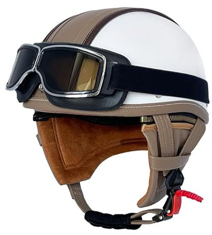Vintage Pelle Caschi Jet E Demi-Jet Moto Casco A Scodella Motorino Con Occhiali Casco Da Motociclista Uomo Donna Omologato ECEDOT Mezzo Casco Moto Street Cruiser Caschi 6,XL:61-62CM
