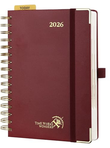 POPRUN Kalender 2026 Tagesplaner 21,5 x 14,5 cm, Tageskalender A5 1 Tag 1 Seite (Montag - Sonntag), Terminplaner (Jan.2026-Dez.2026) Ringbuch mit Hardcover, Plastiklineal - Burgund
