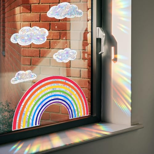 GORGECRAFT 2 Hoja de Pegatinas Atrapasol con Reflejo Estático de Nubes Y Arcoíris Anticolisión para Ventanas Vinilo Prismático No Adhesivo para Evitar Colisiones de Aves.