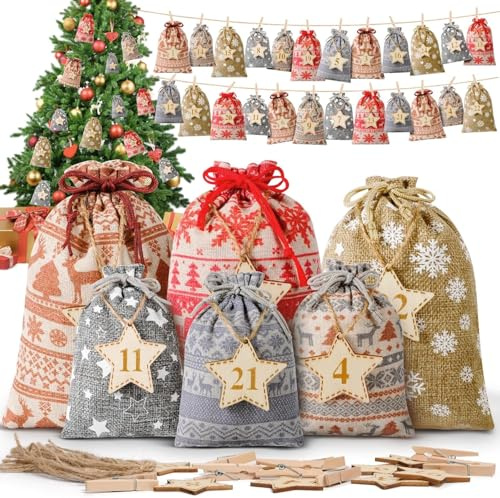 Adventskalender zum Befüllen, 24 Stück Weihnachtskalender 2025 Adventskalender Selbst Befüllen Stoffbeutel mit Holz Zahlen Säckchen Weihnachten Deko Geschenktüten Weihnachten für Kinder & Erwachsene
