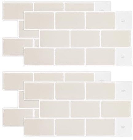 duisoad 4 Sheet Stick on Tiles, Self Adhesive Wall Tiles 30.5 x 15.3 cm/12 inches x 6 inches Beige Stick on Tile for Kitchen, Bathroom, Bedroom Wall Decoration