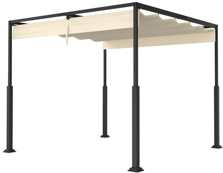 NAIZY Pergola 3x3 m Garten Pavillon mit Beige Verschiebbar Schiebedach, Pergola Wasserdicht Stabil Winterfest Gartenpavillon aus Metall Rahmen & Polyestergewebe, für Garten Balkon Terrasse