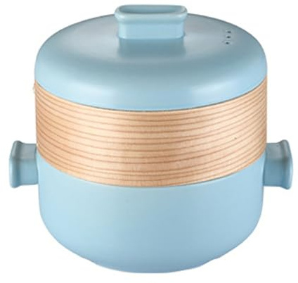 Cooking Pot Ceramic Stockpot Japanese Round Stewpot Ceramic Casserole Clay Pot Steam Stew Pot Natural Bamboo Steamer Basket for Household Kitchen Blue 1.5L