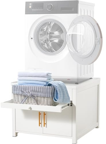 YODOLLA White Washing Machine Pedestal Stand, 320KG Laundry Base Drawer | Metal Frame, Heavy-Duty Load-Bearing Support Structure, Smooth Slide Storage Drawer, Extendable Side Utility Shelf