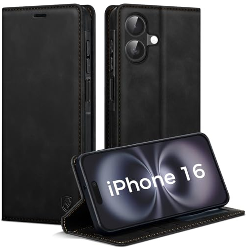 AIMOYU Handyhülle für iPhone 16 Hülle, Premium PU Leder Klapphülle Schutzhülle, Tasche Magnet Kartenfach Standfunktion Flip Case Hülle für iPhone 16, Schwarz