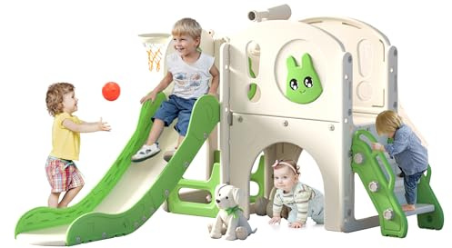 Toddler Slide and Climber Playset, Kids Slide Playground with Stairs, Tunnel, Telescope, Storage, Basketball Hoop and Ball,Gift for Boys Girls Age 1-3 (8-In-1 DIY Rabbit GREEN)