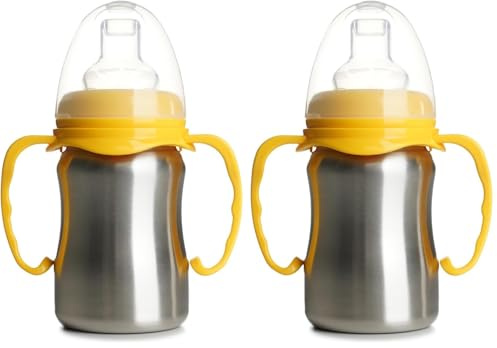 THERMOBABY - Tasse En Inox Bébé Avec Anses Et Tétine Silicone - Anti-Fuites - 180 ml - Facile À Nettoyer - Durable - Idéale Pour L’Autonomie De Bébé - Jaune Mangue (Lot de 2)