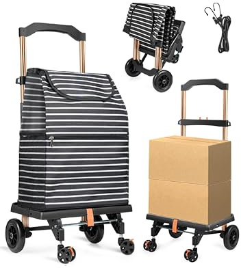 Phenanive Shopping Trolley for Groceries, Lightweight Aluminum Portable Grocery Cart on Wheels and 50L Removable Waterproof Shopping Bag for Moving, Camping (black ）