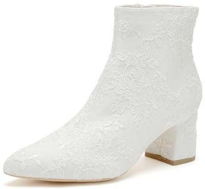 Stivali da Sposa con Tacco Blocco in Pizzo per Donne Punta Affusolata, Stivaletti da Sposa Scarpe da Matrimonio,Bianca,35 EU