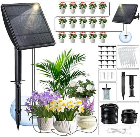 Sistema De Riego Solar para Jardín Con Manguera 15m, Riego Automatico Macetas Solar, Riego Por Goteo Para Macetas Jardin, Kit Riego Por Goteo para Macetas, Plantas de Balcón