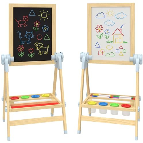 AIYAPLAY Cavalletto da Disegno per Bambini con Lavagna Doppia per Gesso e Pennarelli, Lavagnetta Magnetica, Vassoio Portamatite, Rotolo Carta Incluso, Legno Naturale