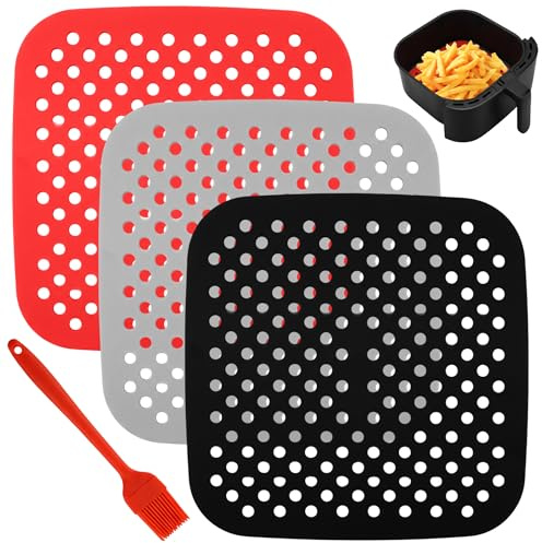 3 Piezas Alfombrillas Silicona Premium Freidora de Aire Cuadrada | 21,5 x 21,5 cm Alfombrillas de Silicona Perforada Reutilizables Air Fryer Liner, para Freidoras Sin Aceite, Hornos