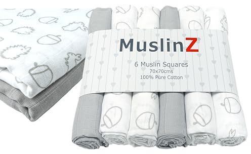 6-pack muslindukar för bebisen från MuslinZ, rapduk, dregelduk, amningsskydd, 70 x 70 cm, ren bomull, absorberande och ventilerande (skogsmönstrad)
