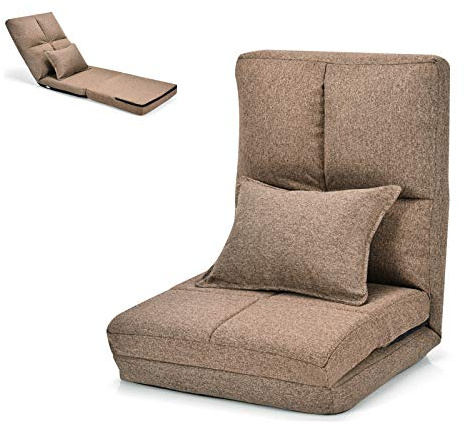 COSTWAY Bodenstuhl mit 5 stufig Verstellbarer Rückenlehne, Bodensessel mit Liegenfunktion, Bodenkissen mit Lendenkissen, Meditationsstuhl klappbar, Fensterstuhl bis 100kg belastbar (Hellbraun)