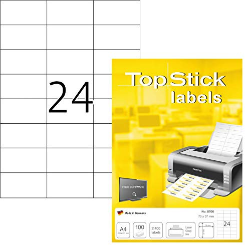TopStick 8706 adressetiketter A4, set med 10 (70 x 37 mm, 1 000 ark, papper, matt) självhäftande, utskrivbara, permanenta universella etiketter, 24 000 klistermärken, vit