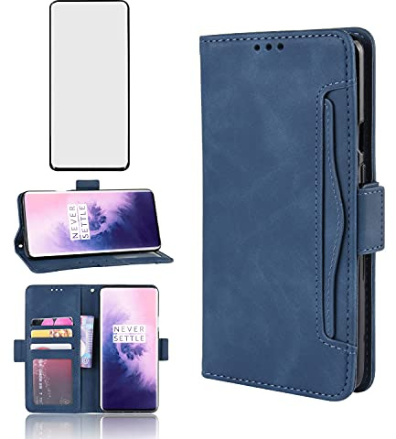 Asuwish Funda para OnePlus 7 Pro con Cristal Templado Protector Pantalla Vidrio Pelicula Protectora Libro Cuero Piel Tarjetero Soporte 7Pro GM1913 Tapa Carcasa Capa Case Hombre Mujer Azul