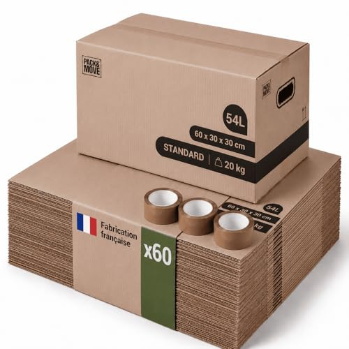 Pack and Move – Set mit 60 Standard-Umzugs-Aufbewahrungsboxen – 60 x 30 x 30 cm – verstärkte Griffe – gratis Kleber