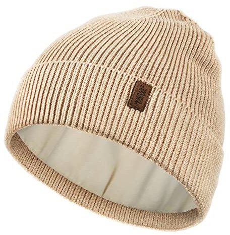 Wmcaps Beanie Mütze, Herren Winter Warme Unisex Wintermütze Strickmütze Dehnbare Weiche Wollmütze mit Bündchen und Dickem Warmem Futter Geschenke für Freundin männer Frauen (Beige）