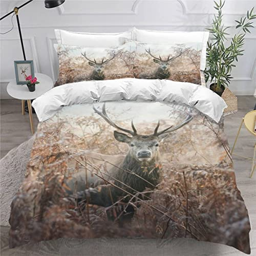 TiaoTian Housse De Couette 220x240 Cerf Forêt 3D Parure De Lit et Fermeture éclair Linge De Lit et Oreillers Adulte Couvre Lit Souple Microfibre Parure De Lit 2 Personnes Animaux Nature
