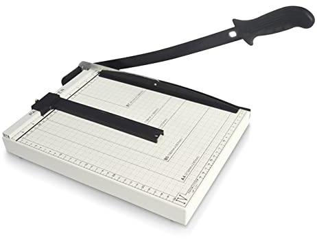 Plplaaoo Cortadora de Papel Guillotina A3 A4, Cizalla Manual con Cuchilla de Acero & Regla Ajustable, para Oficina Escuela y Fotografía, Capacidad 10 Hojas, Base Metálica Blanco
