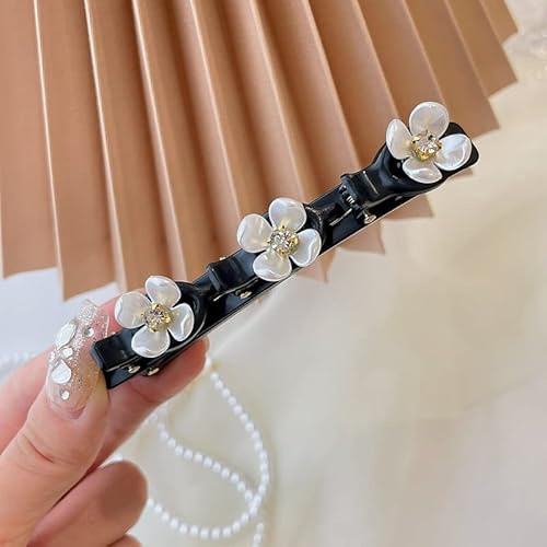 2 Stück Haarspange mit clips,Haarspange mit kristallblume Doppelknall Frisur Haarnadel Clips mit 3 Haarspangen Haarreif mit Klammern Haarklemmen Haarclips für dickes Haar für Frauen Mädchen,Weiß #2