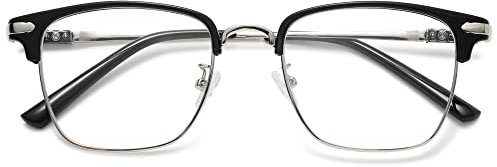 KOOSUFA Mode Blaulichtfilter Brille Brillengestelle Metallrahmen Dekobrille Herren Damen Brillenfassung Nerdbrille Hornbrille Ohne Sehstärke Schwarz Silber