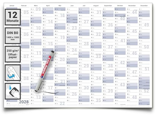 Gigatime Wandkalender 2028 Din B0 XXXL Jahresplaner 140x100cm mit Marker | Abwischbar, gerollt, inklusive 1 Marker, deutsch