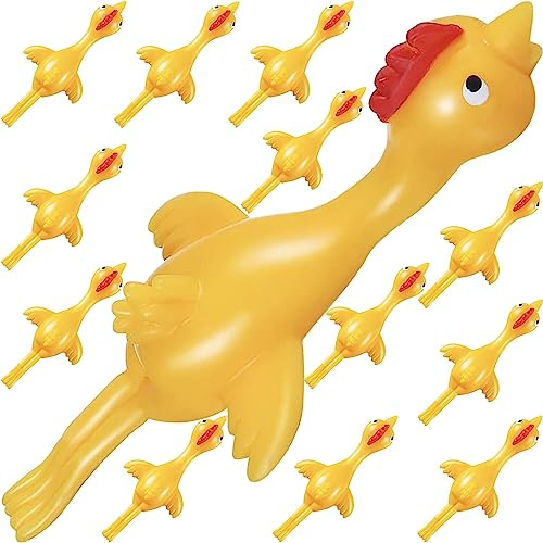 Easter Chicken Slingshot 12-Pack Easter Basket Stuffers Essentials Egg Fillers Funny Gag Gifts for Kids Party Favors Bulk, Mini Flying Rubber Chicken Toys for Kids Age 3-5-7 4-8-12 Year Old Boys Teens