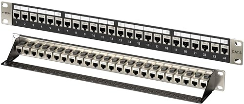 FGB Patchpanel 24 Port Cat6 mit geschirmt Rj45 Keystone-Koppler, 1HE | 19-Zoll-Rackmount, STP Patchpanel mit Rückleiste, Inline Keystone, Netzwerk-Patchpanel, für Gigabit-Netzwerk-Switch