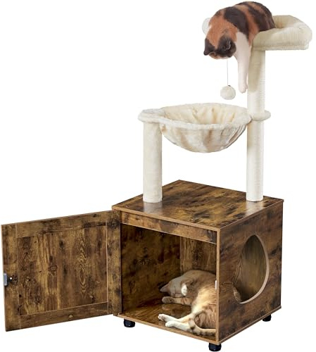 costoffs Cat Tree with Litter Box Enclosure All-in-One, Rustic Brown