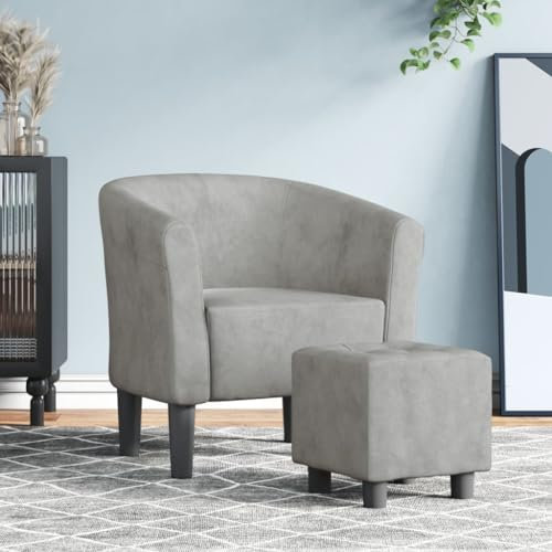 GuyAna Clubsessel mit Fußhocker Hellgrau Samt Loungesessel Sessel Clubsessel Cocktailsessel