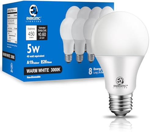 E ENERGETIC LIGHTING 40W Equivalent A19 LED Light Bulb, Warm White 3000K, E26 Standard Base, ETL Listed, 5W 450lm Non-Dimmable LED Light Bulb, 8 Packs