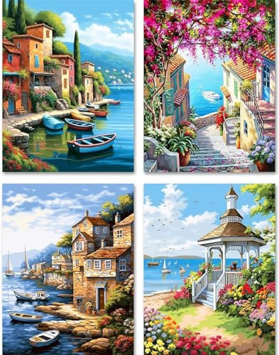 YALKIN 4 Stück Malen Nach Zahlen Erwachsene, Paint by Numbers Malen Nach Zahlen, DIY Landschaft mit Pinseln und Acrylfarben Handgemalt Ölgemälde Leinwand für Home Décor, Ohne Rahmen (30x40cm)